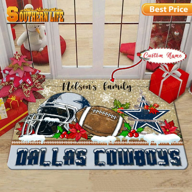 Dallas Cowboys Christmas Rubber Base Doormat - Custom Name CB6933