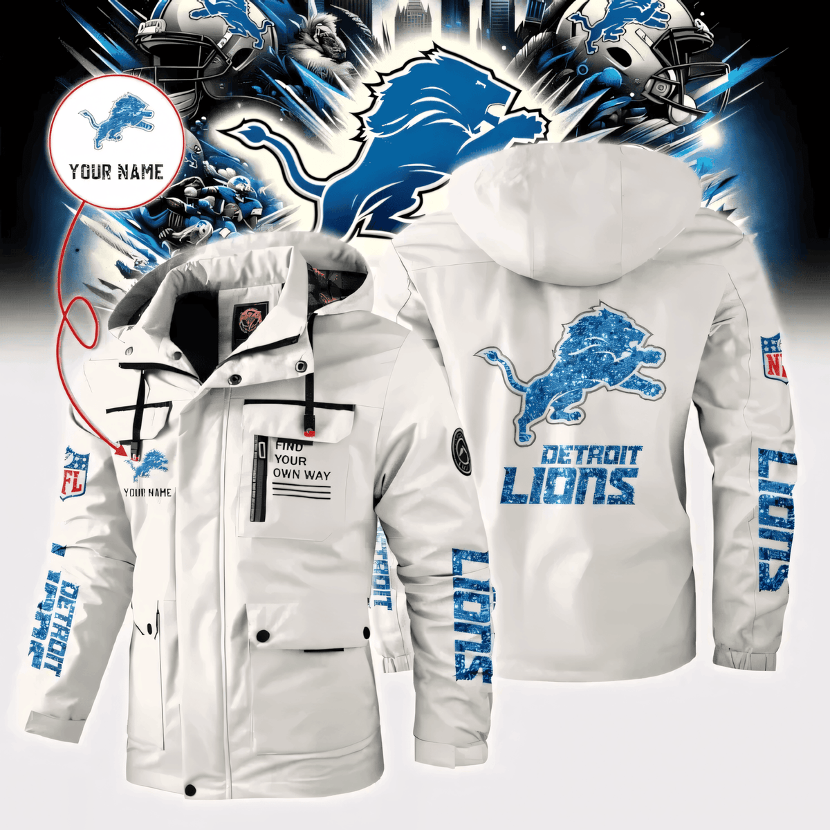 Detroit Lions Personalized Winter Windbreaker Jacket ANZWWJ011