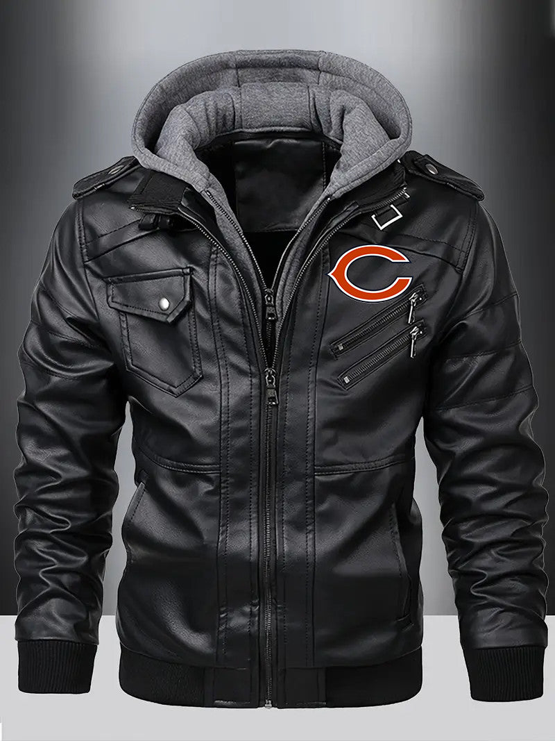 Chicago Bears Premium & Ultra-Thick Leather Jacket with Fleece Hood with Fleece Hood HVKC957 - Premium & Ultra-Thick Leather Jacket with Fleece Hood