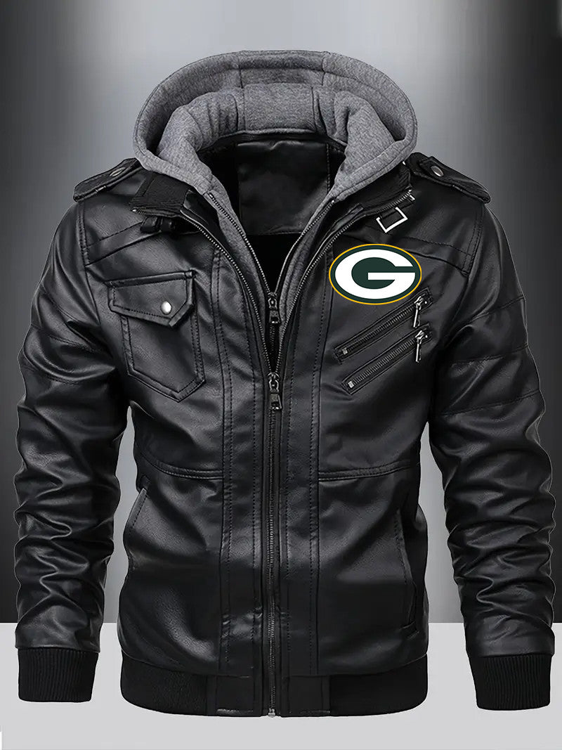 Green Bay Packers Premium & Ultra-Thick Leather Jacket with Fleece Hood with Fleece Hood HVKC962 - Premium & Ultra-Thick Leather Jacket with Fleece Hood