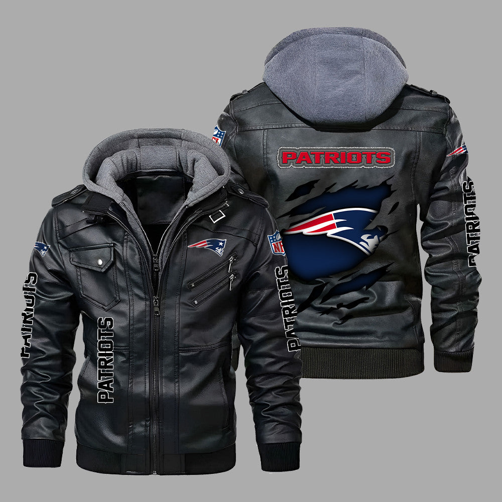 Premium & Ultra-Thick Leather Jacket with Fleece Hood - New England Patriots PHVK8394