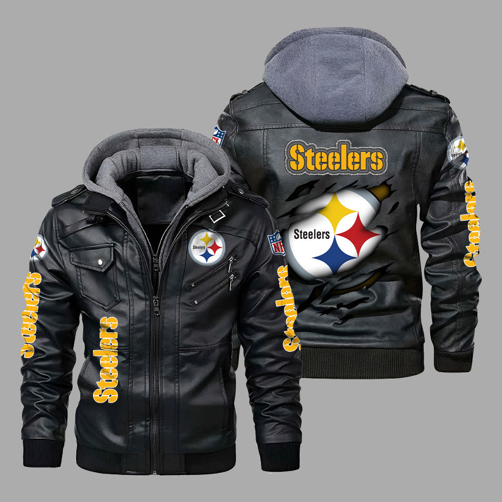 Premium & Ultra-Thick Leather Jacket with Fleece Hood - Pittsburgh Steelers PHVK8398