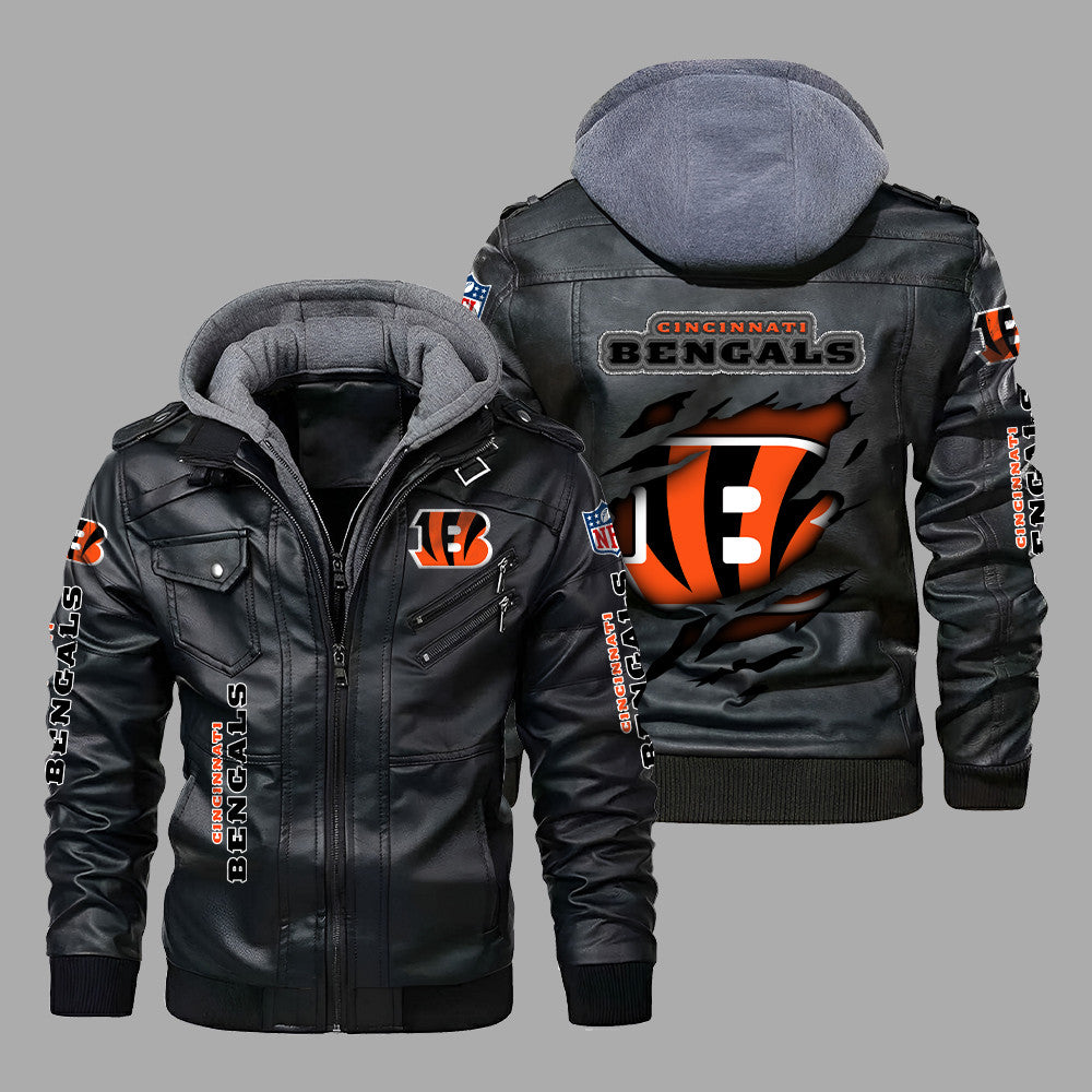 Premium & Ultra-Thick Leather Jacket with Fleece Hood Cincinnati Bengals - PHVK8402
