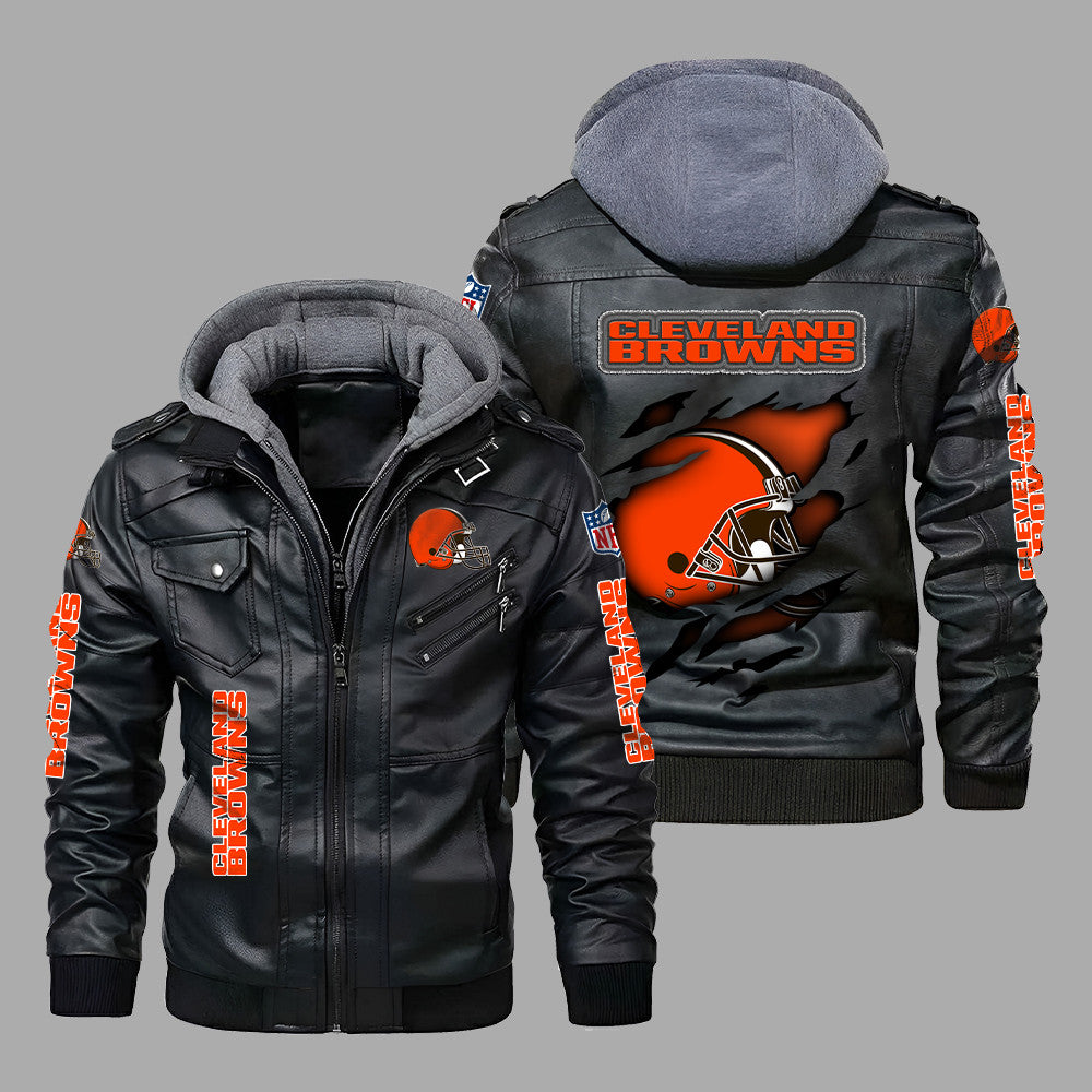 Premium & Ultra-Thick Leather Jacket with Fleece Hood - Cleveland Browns PHVK8404