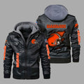 Premium & Ultra-Thick Leather Jacket with Fleece Hood - Cleveland Browns PHVK8404