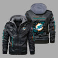 Premium & Ultra-Thick Leather Jacket with Fleece Hood - Miami Dolphins PHVK8405