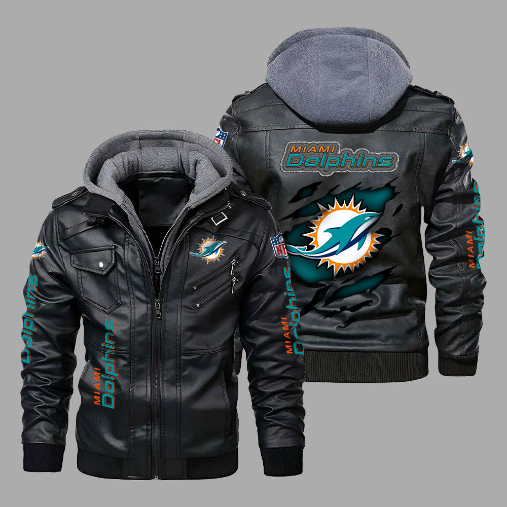 Premium & Ultra-Thick Leather Jacket with Fleece Hood - Miami Dolphins PHVK8405