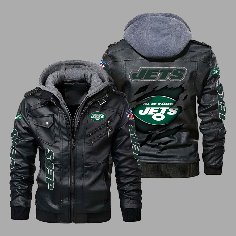 Premium & Ultra-Thick Leather Jacket with Fleece Hood - New York Jets PHVK8406