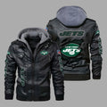 Premium & Ultra-Thick Leather Jacket with Fleece Hood - New York Jets PHVK8406