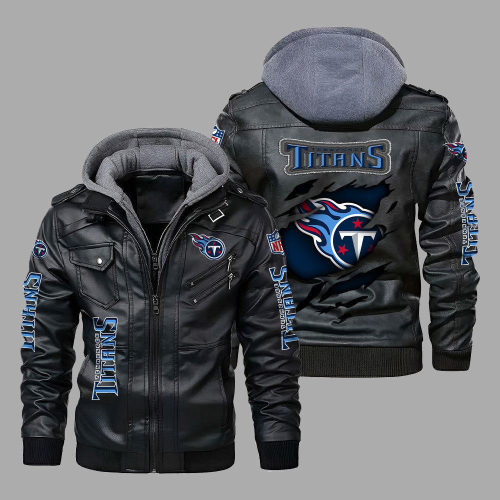 Premium & Ultra-Thick Leather Jacket with Fleece Hood - Tennessee Titans PHVK8407