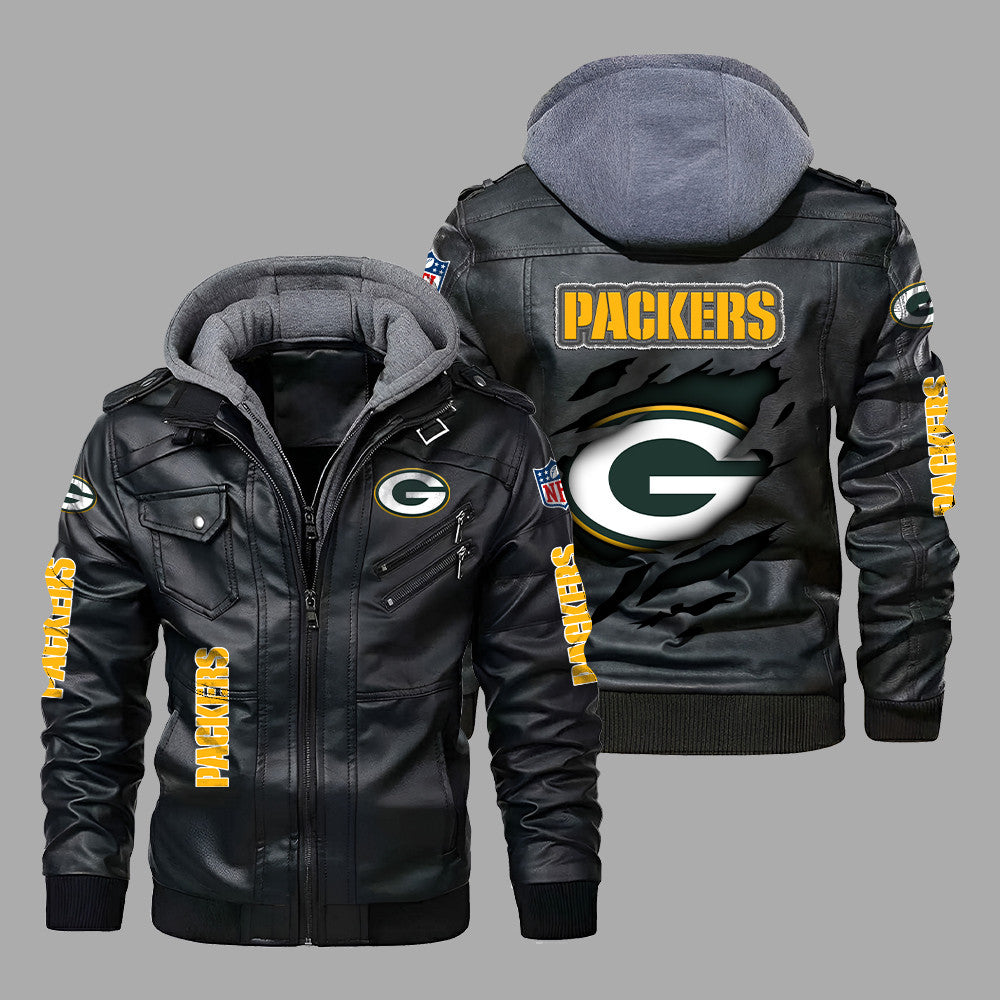 Premium & Ultra-Thick Leather Jacket with Fleece Hood - Green Bay Packers PHVK8408