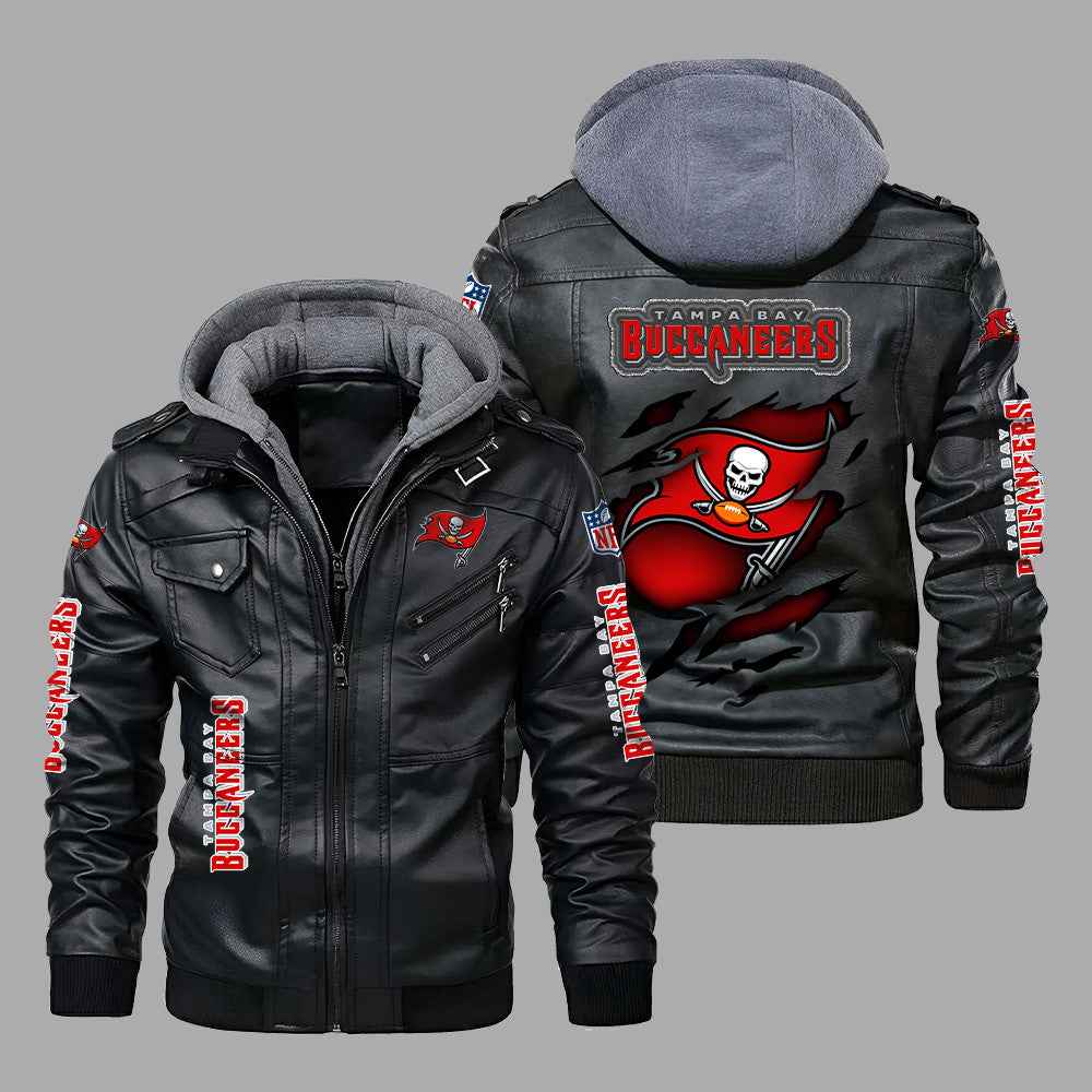 Premium & Ultra-Thick Leather Jacket with Fleece Hood - Tampa Bay Buccaneers PHVK8410