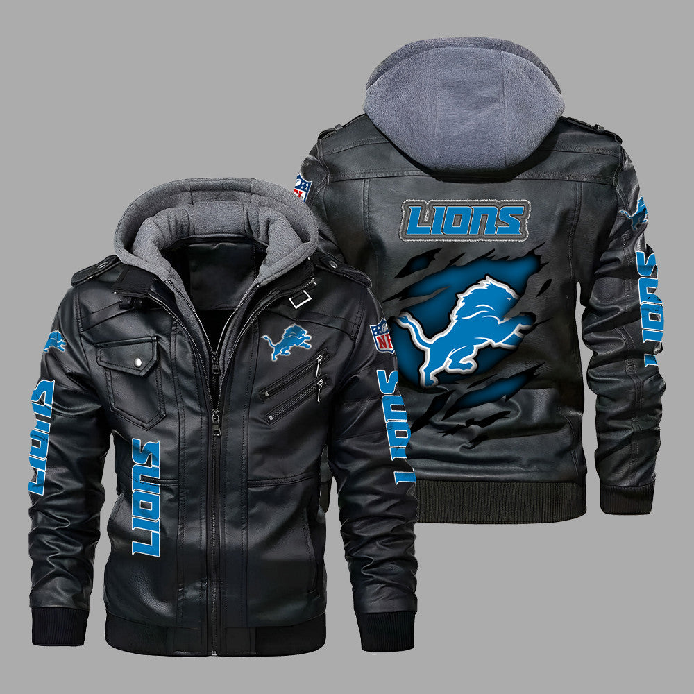 Premium & Ultra-Thick Leather Jacket with Fleece Hood - Detroit Lions PHVK8411