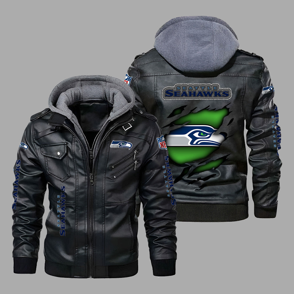 Premium & Ultra-Thick Leather Jacket with Fleece Hood - Seattle Seahawks PHVK8413