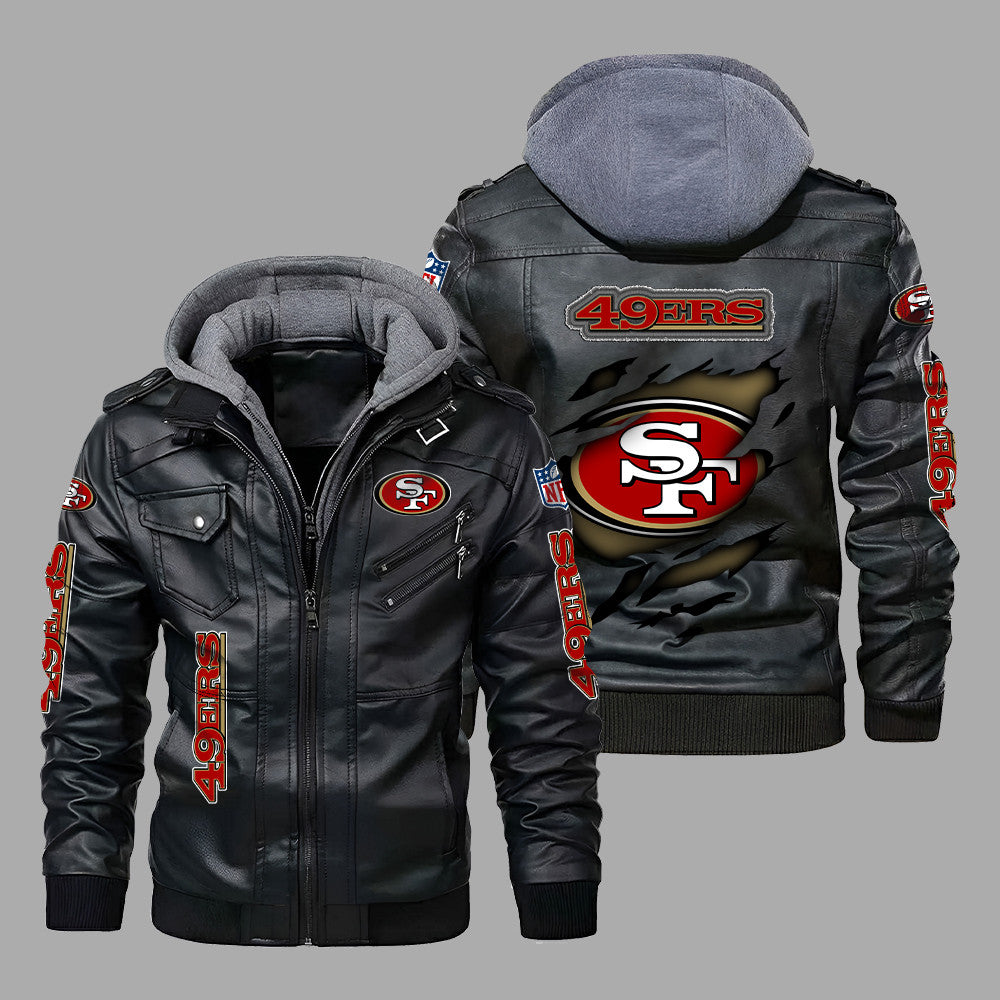 Premium & Ultra-Thick Leather Jacket with Fleece Hood - San Francisco 49ers PHVK8414