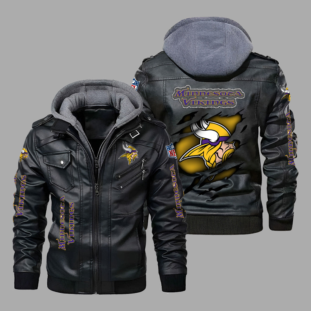 Premium & Ultra-Thick Leather Jacket with Fleece Hood - Minnesota Vikings PHVK8417