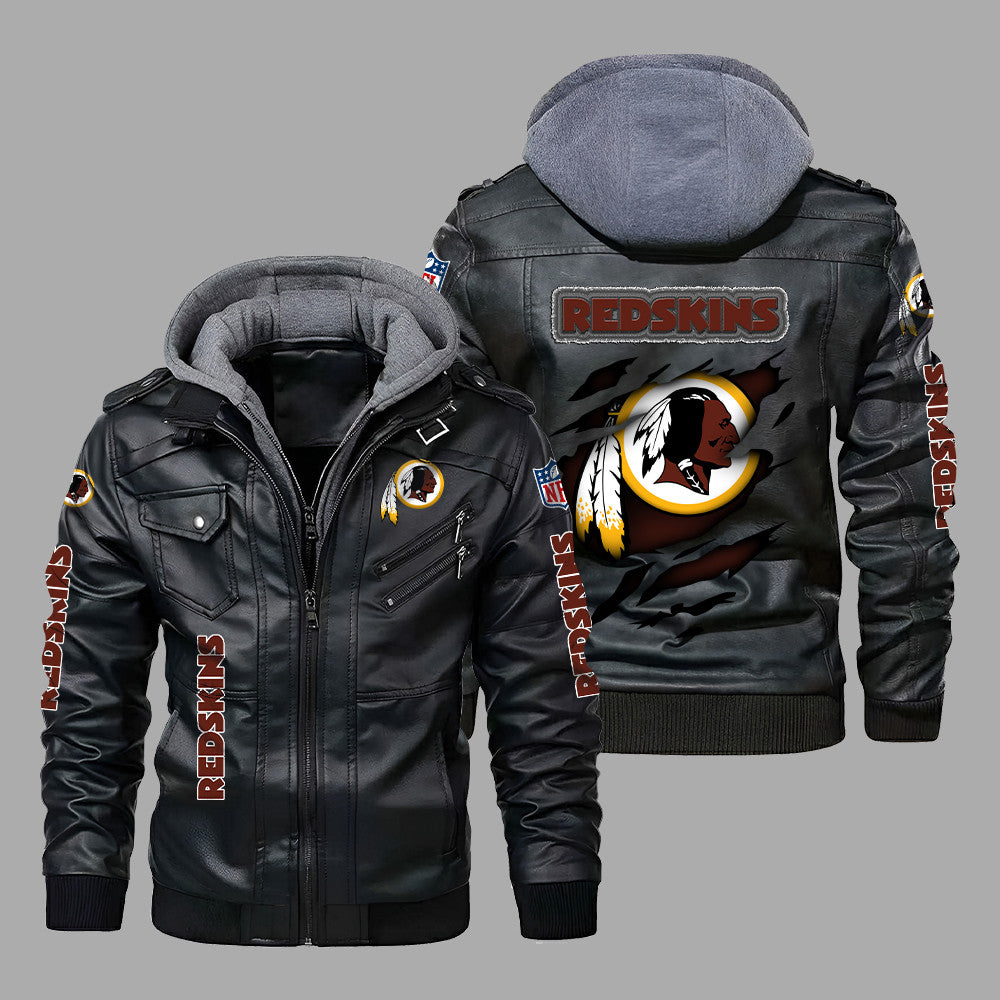 Premium & Ultra-Thick Leather Jacket with Fleece Hood - Washington Redskins PHVK8419