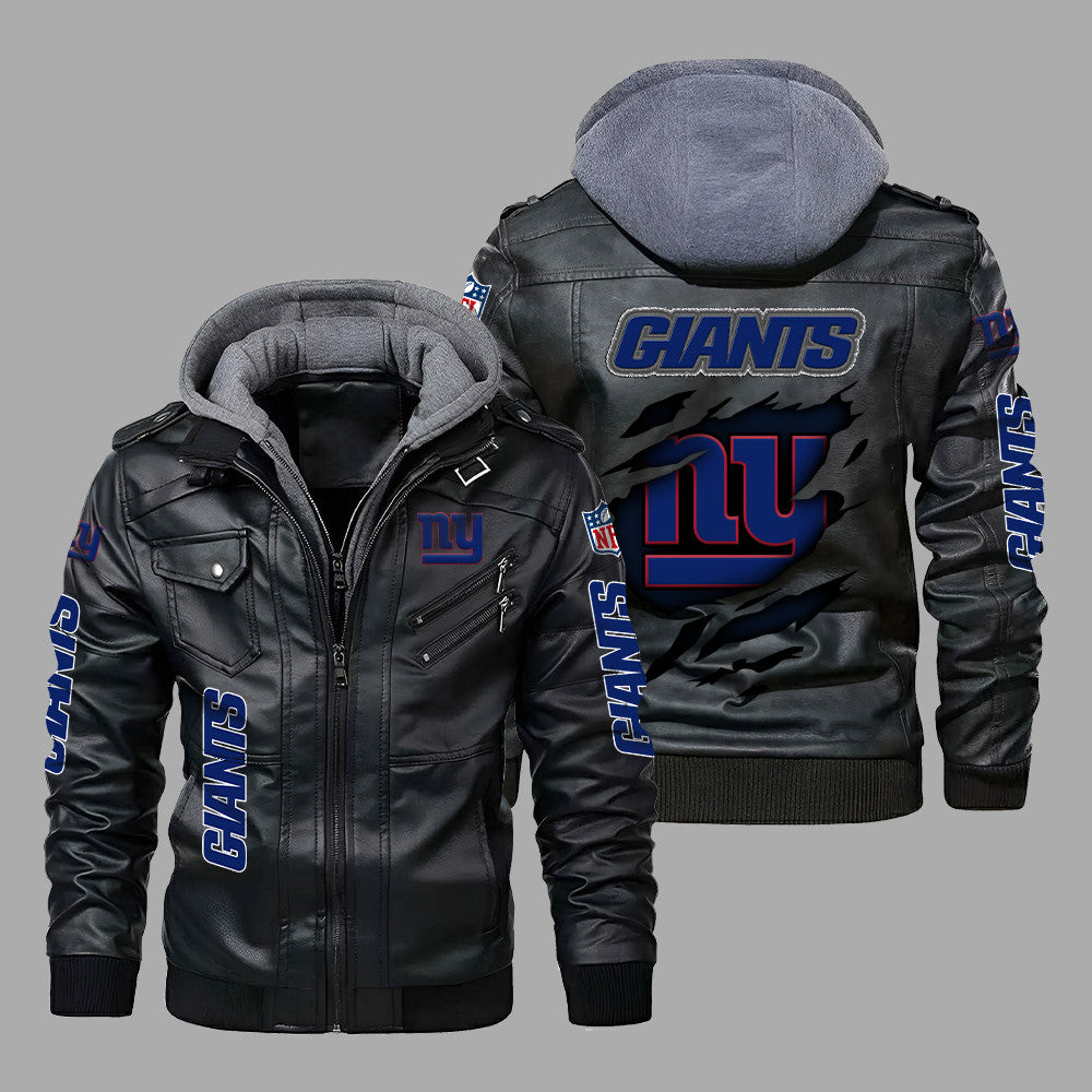 Premium & Ultra-Thick Leather Jacket with Fleece Hood - New York Giants PHVK8420