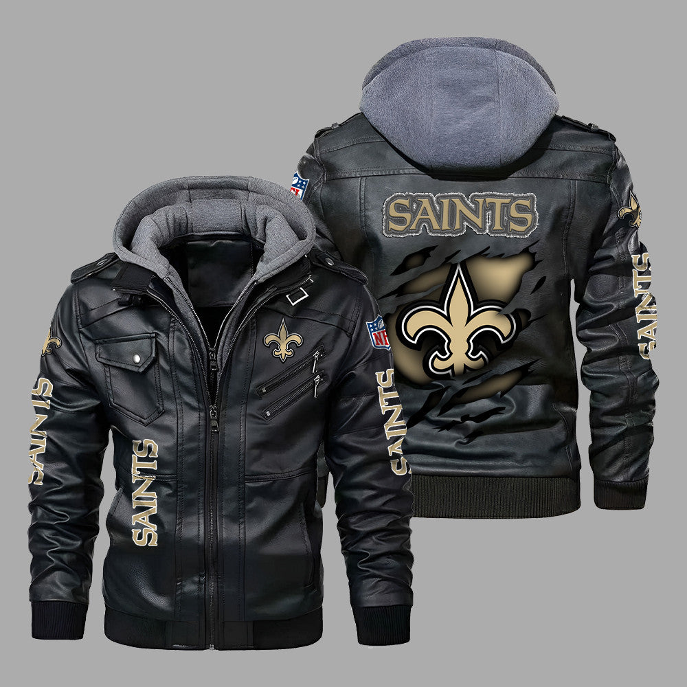 Premium & Ultra-Thick Leather Jacket with Fleece Hood - New Orleans Saints PHVK8421