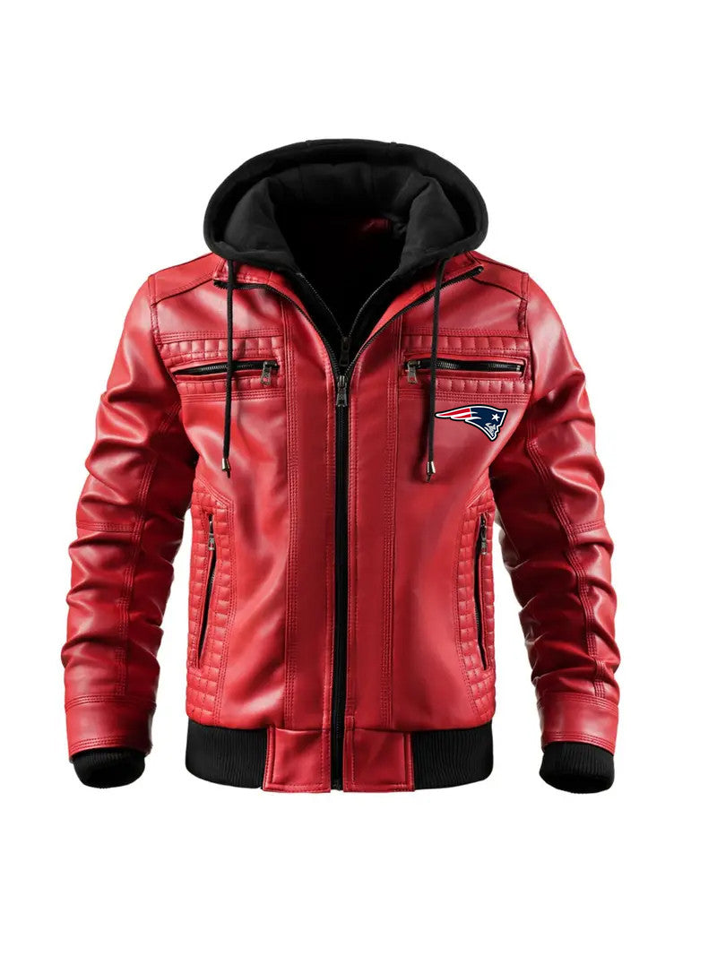 Premium & Ultra-Thick Leather Jacket with Fleece Hood New England Patriots VATY829
