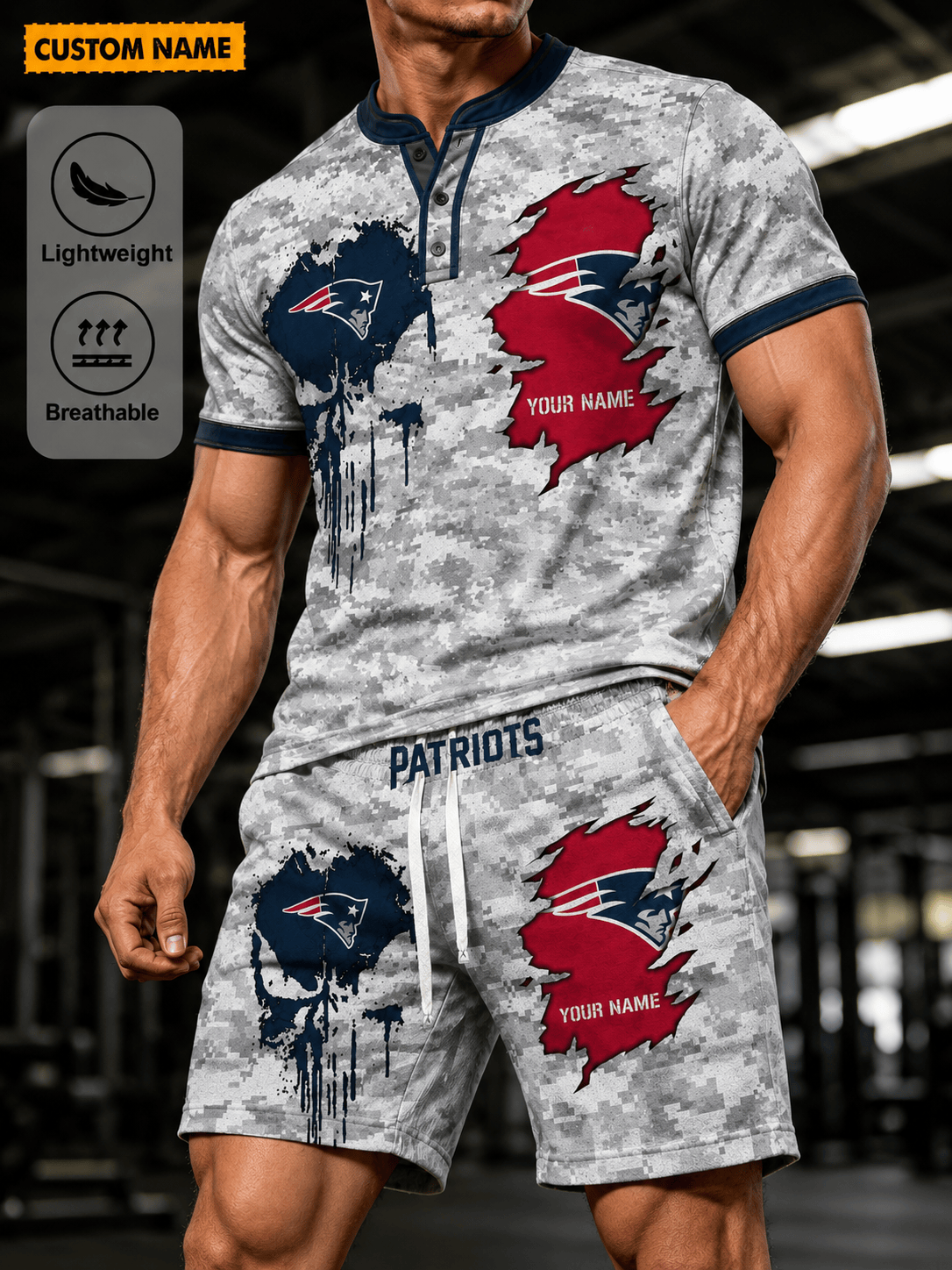 New England Patriots Men’s Button Neck T-Shirt and Short Set New Design 2026 Shirt And Short BSPTWHZSS087