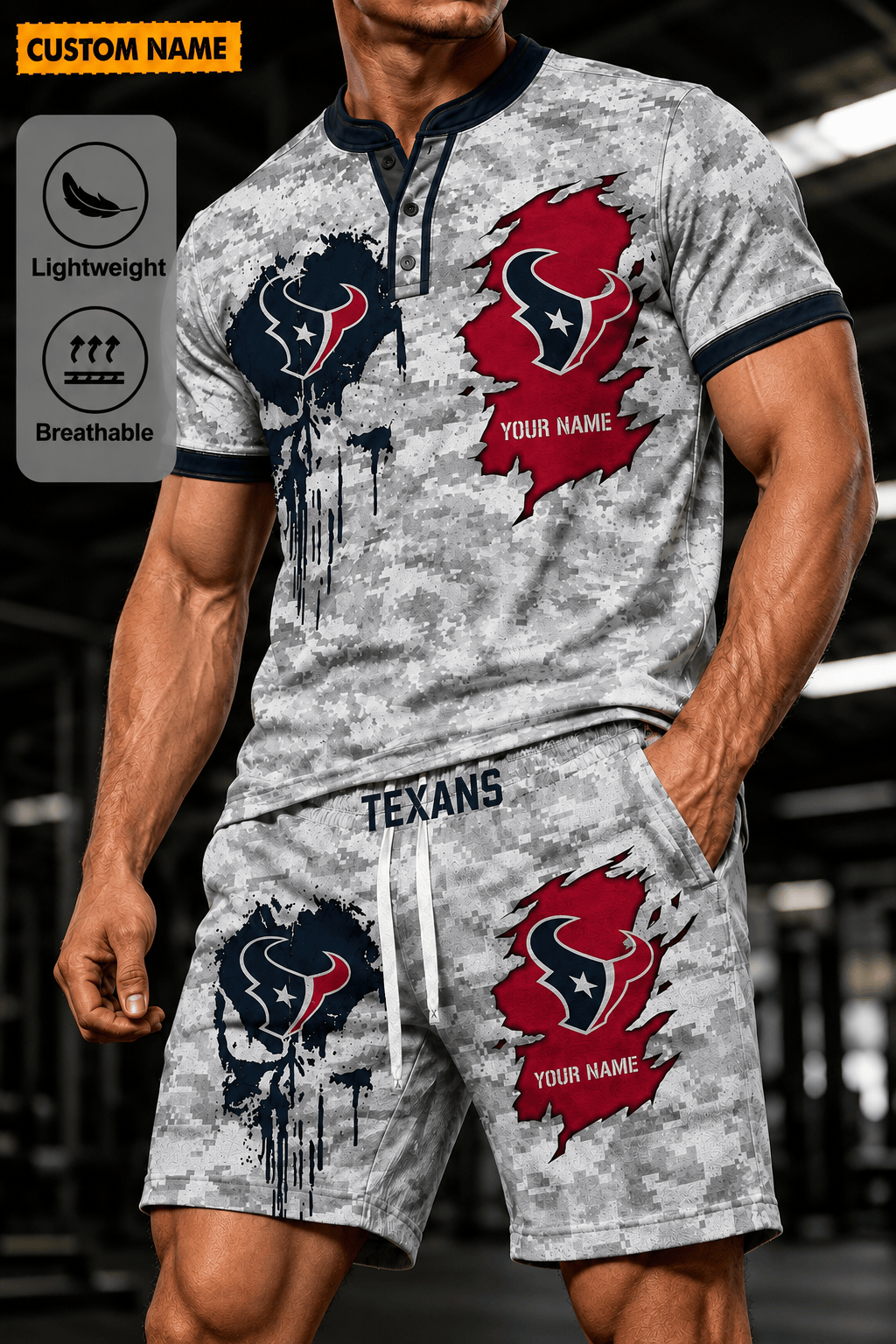 Houston Texans Men’s Button Neck T-Shirt and Short Set New Design 2026 Shirt And Short BSP936