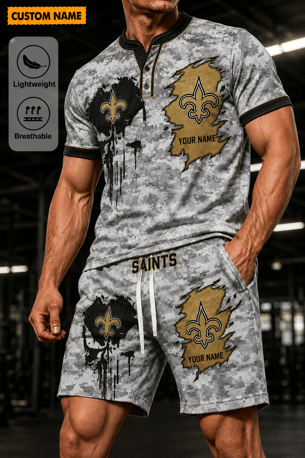 New Orleans Saints Men’s Button Neck T-Shirt and Short Set New Design 2026 Shirt And Short BSP955