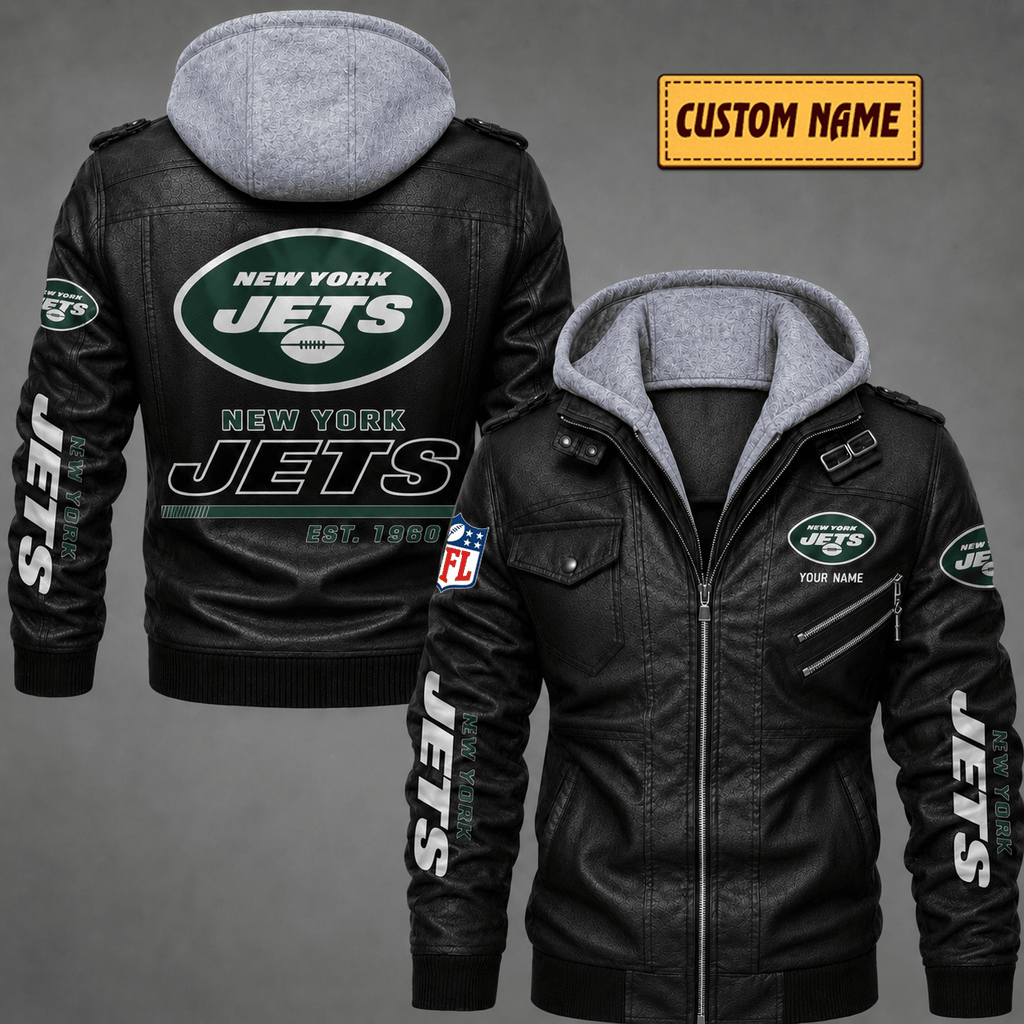 Premium & Ultra-Thick Leather Jacket with Fleece Hood - New York Jets VA2112