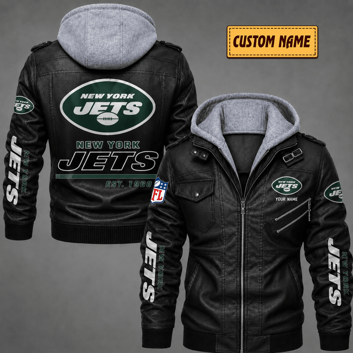Premium & Ultra-Thick Leather Jacket with Fleece Hood - New York Jets VA2112
