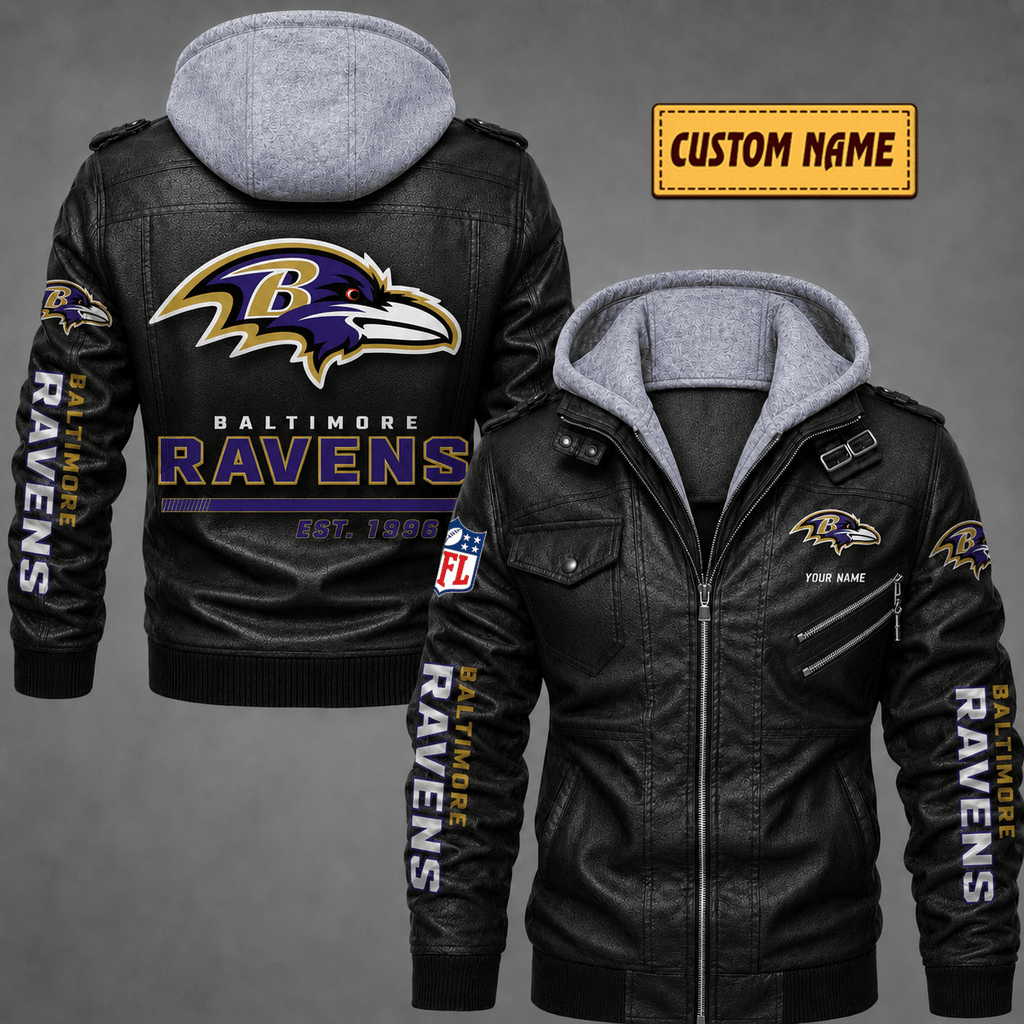 Premium & Ultra-Thick Leather Jacket with Fleece Hood - Baltimore Ravens VA2110