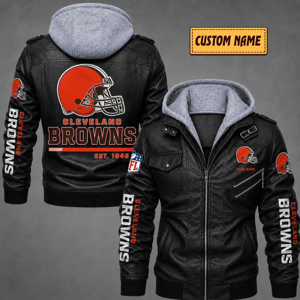 Premium & Ultra-Thick Leather Jacket with Fleece Hood - Cleveland Browns VA2104