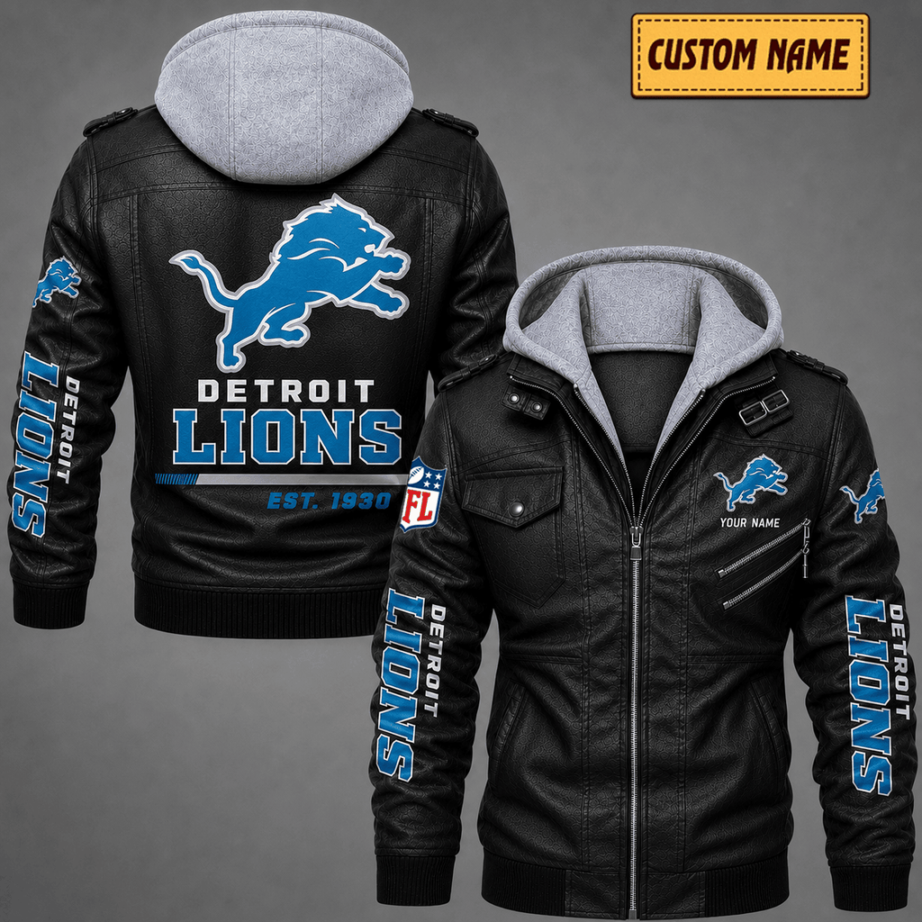 Premium & Ultra-Thick Leather Jacket with Fleece Hood - Detroit Lions VA2101