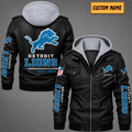 Premium & Ultra-Thick Leather Jacket with Fleece Hood - Detroit Lions VA2101