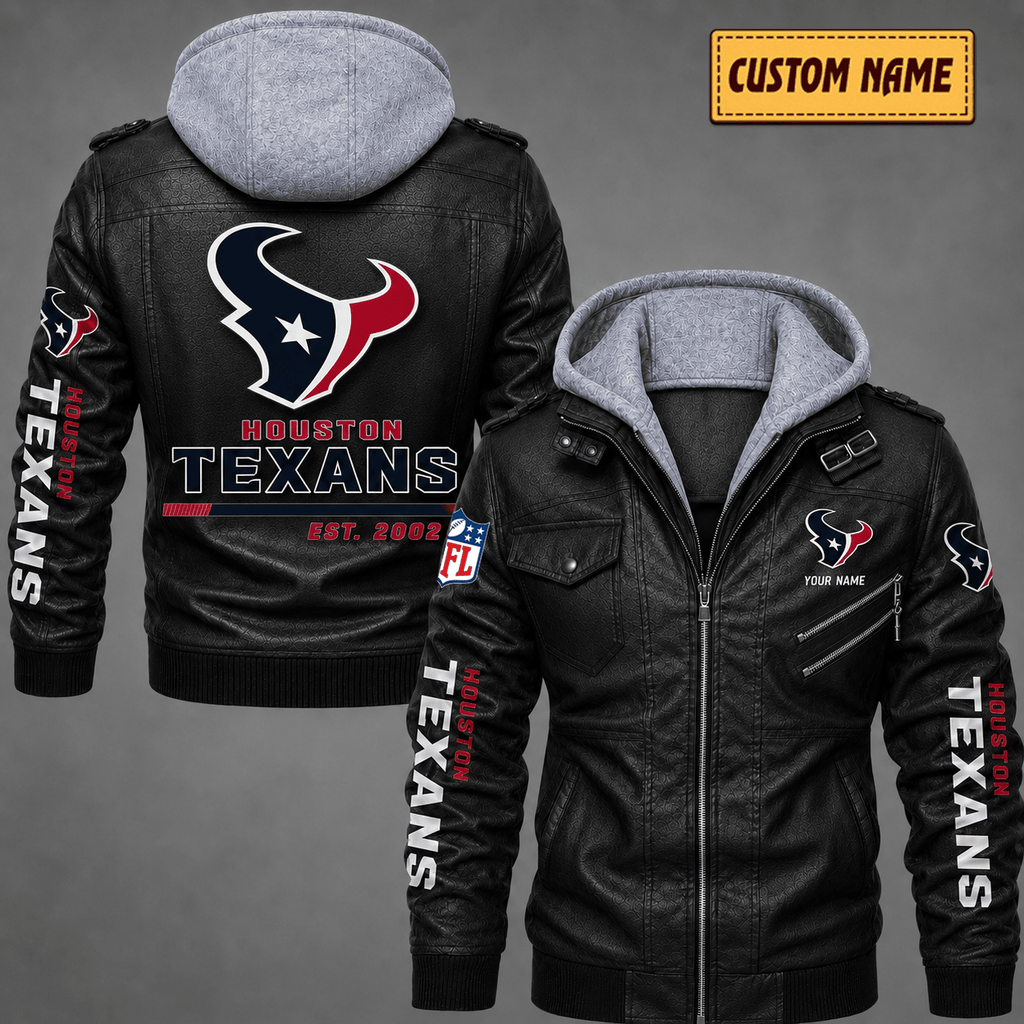Premium & Ultra-Thick Leather Jacket with Fleece Hood - Houston Texans VA2115