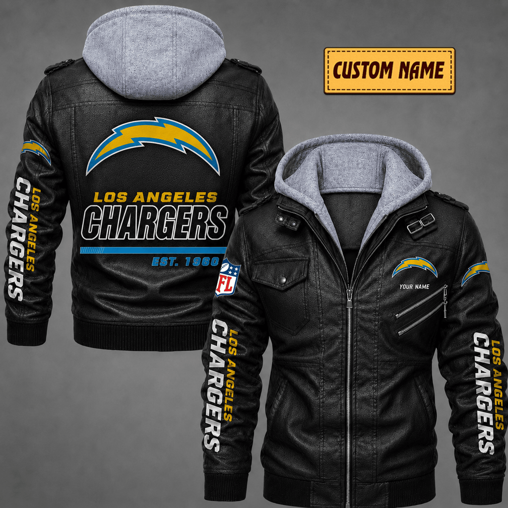 Premium & Ultra-Thick Leather Jacket with Fleece Hood - Los Angeles Chargers VA2117