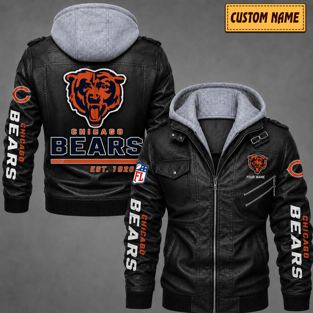 Premium & Ultra-Thick Leather Jacket with Fleece Hood - Chicago Bears VA2119