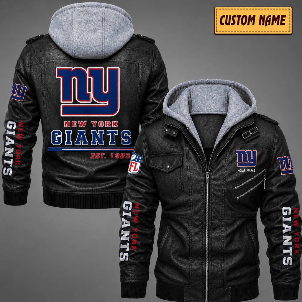 Premium & Ultra-Thick Leather Jacket with Fleece Hood - New York Giants VA2120