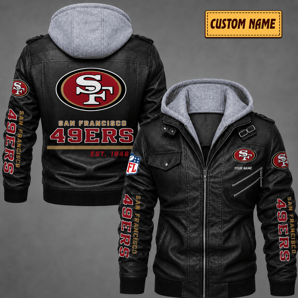 Premium & Ultra-Thick Leather Jacket with Fleece Hood - San Francisco 49ers VA2122