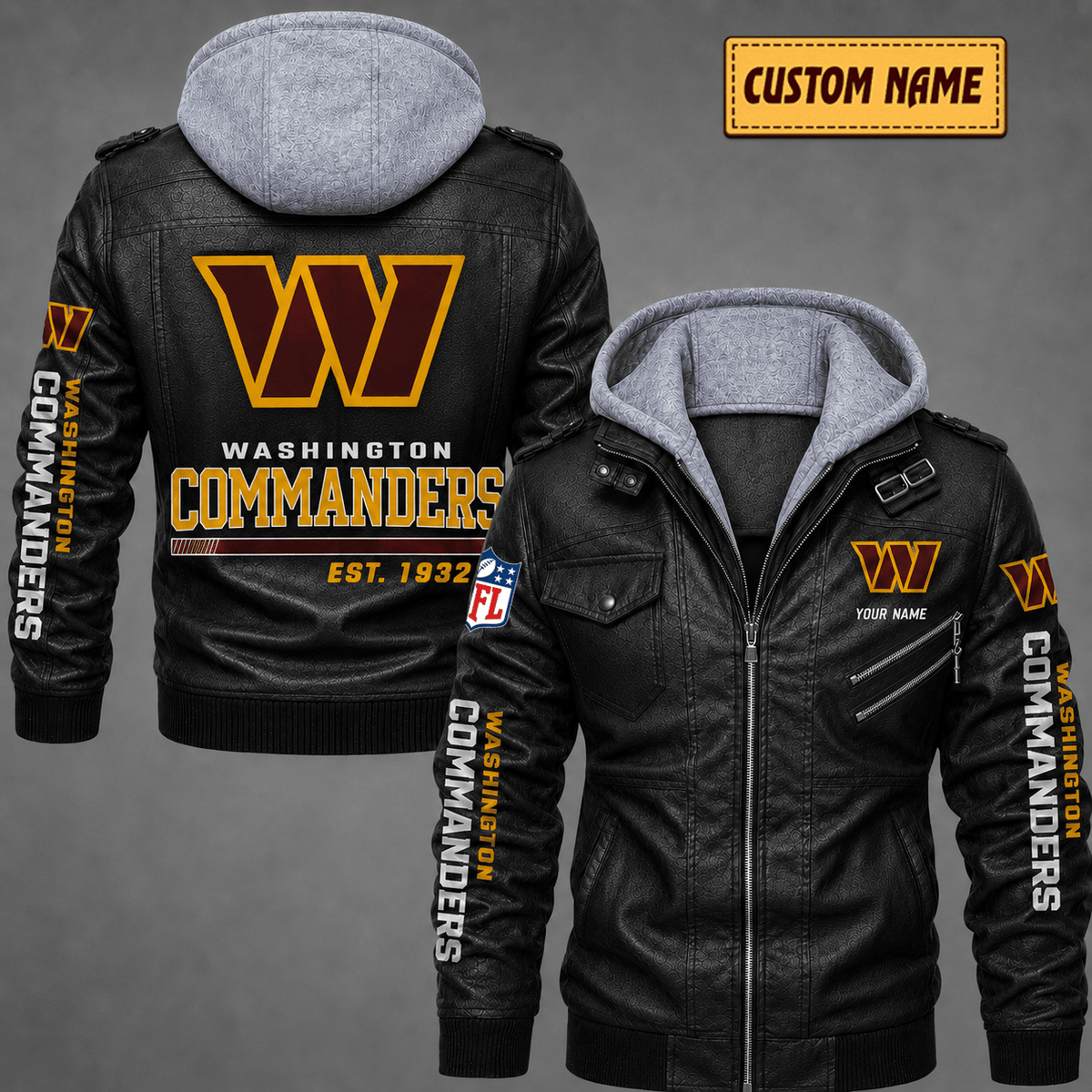 Premium & Ultra-Thick Leather Jacket with Fleece Hood - Washington Commanders VA2123