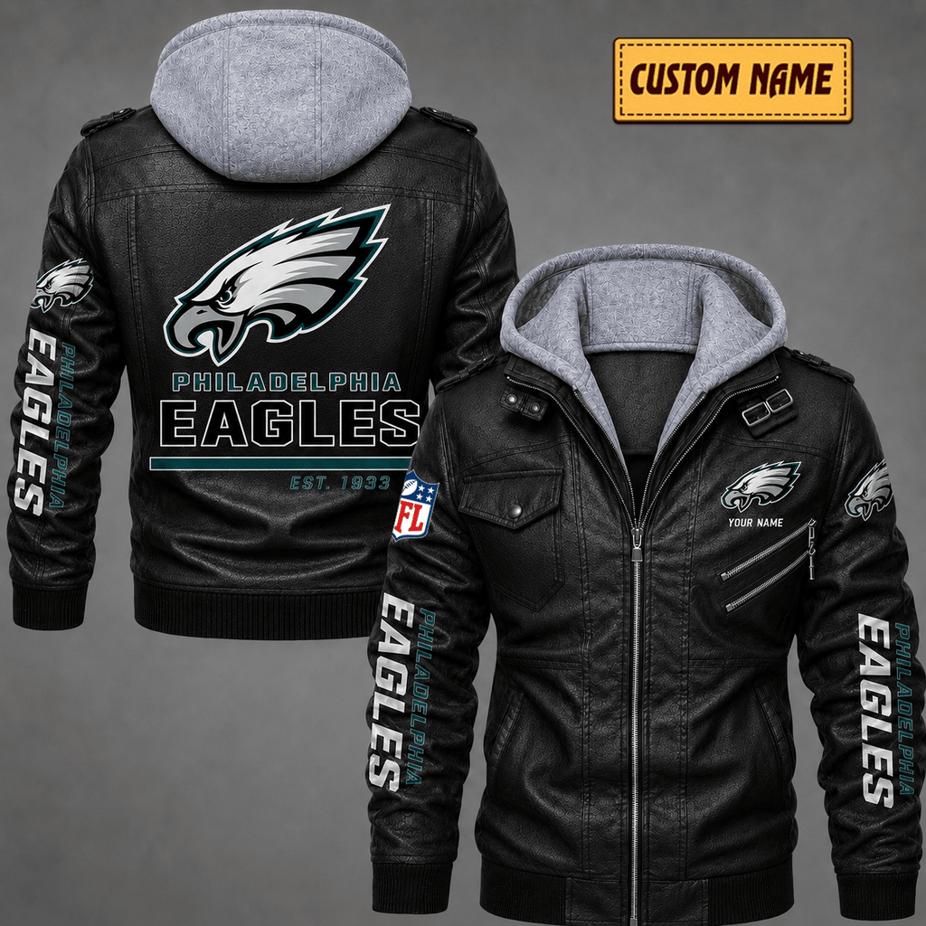 Premium & Ultra-Thick Leather Jacket with Fleece Hood - Philadelphia Eagles VA2124