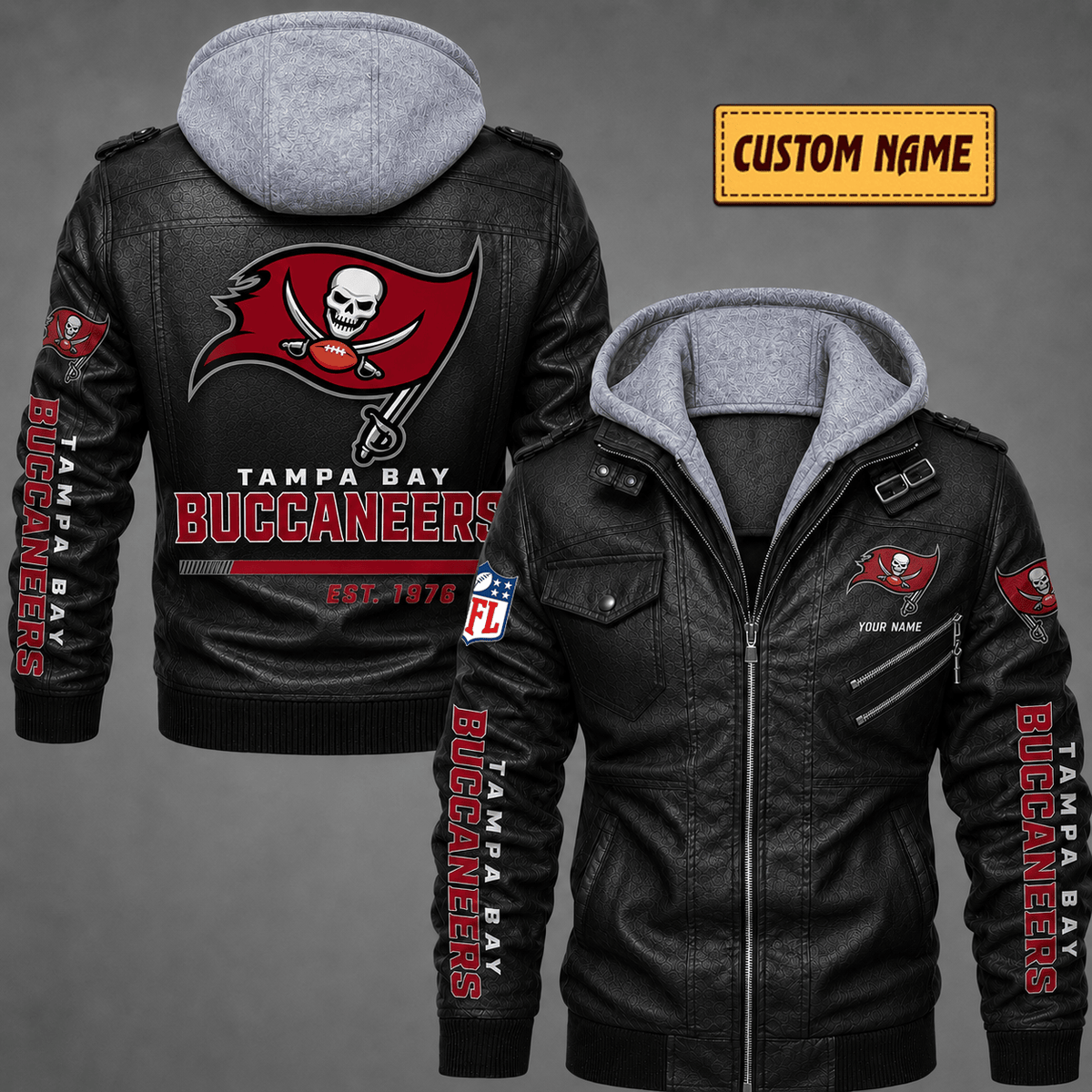 Premium & Ultra-Thick Leather Jacket with Fleece Hood - Tampa Bay Buccaneers VA2128