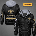 Premium & Ultra-Thick Leather Jacket with Fleece Hood - New Orleans Saints VA2131