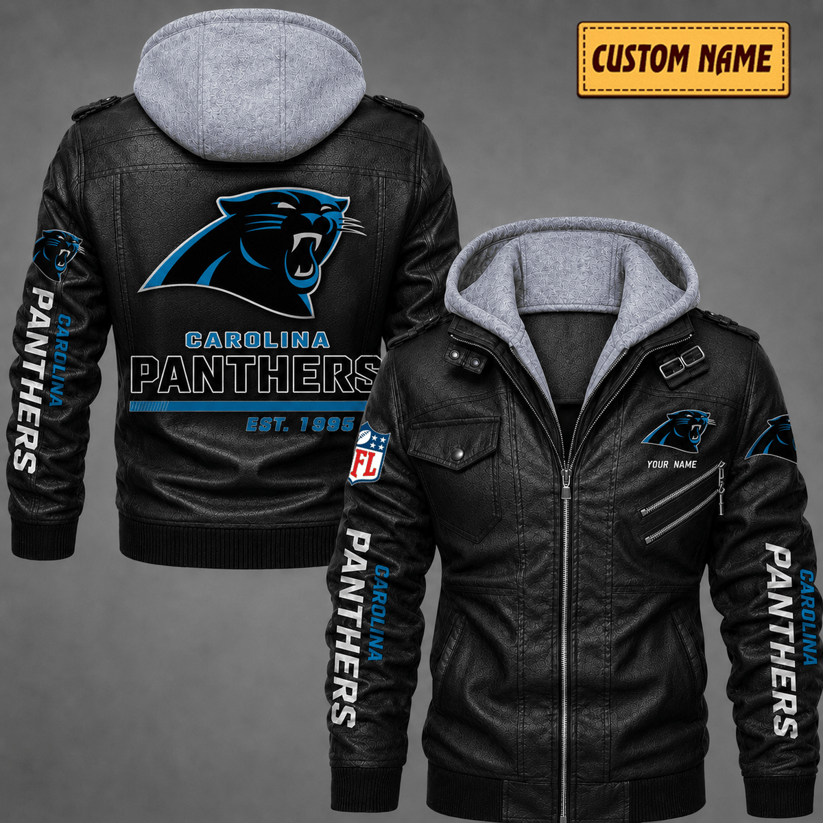 Premium & Ultra-Thick Leather Jacket with Fleece Hood - Carolina Panthers VA2132