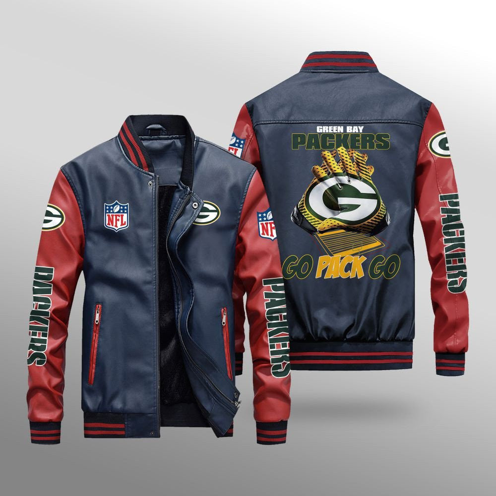 Green Bay Packers Premium Fleece-Lined Leather Bomber Jacket BG64