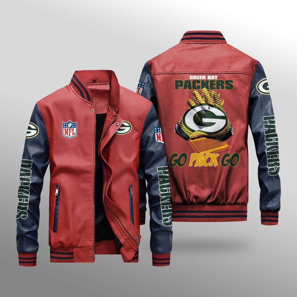 Green Bay Packers Premium Fleece-Lined Leather Bomber Jacket BG64