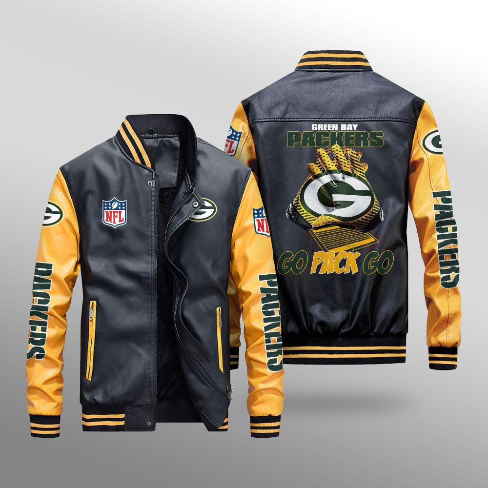 Green Bay Packers Premium Fleece-Lined Leather Bomber Jacket BG64