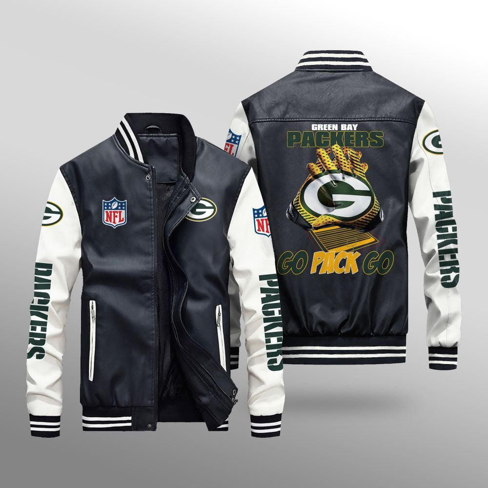 Green Bay Packers Premium Fleece-Lined Leather Bomber Jacket BG64