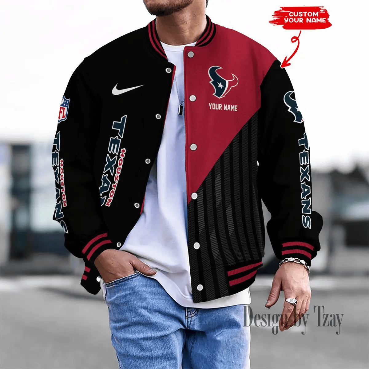 SPTBBJACKET109-Houston Texans Personalized New Baseball Jacket Gifts For Fan