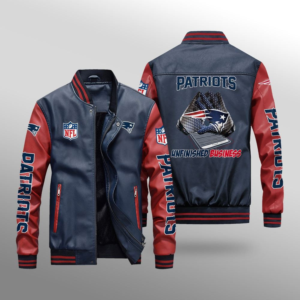 New England Patriots Premium Fleece-Lined Leather Bomber Jacket BG04