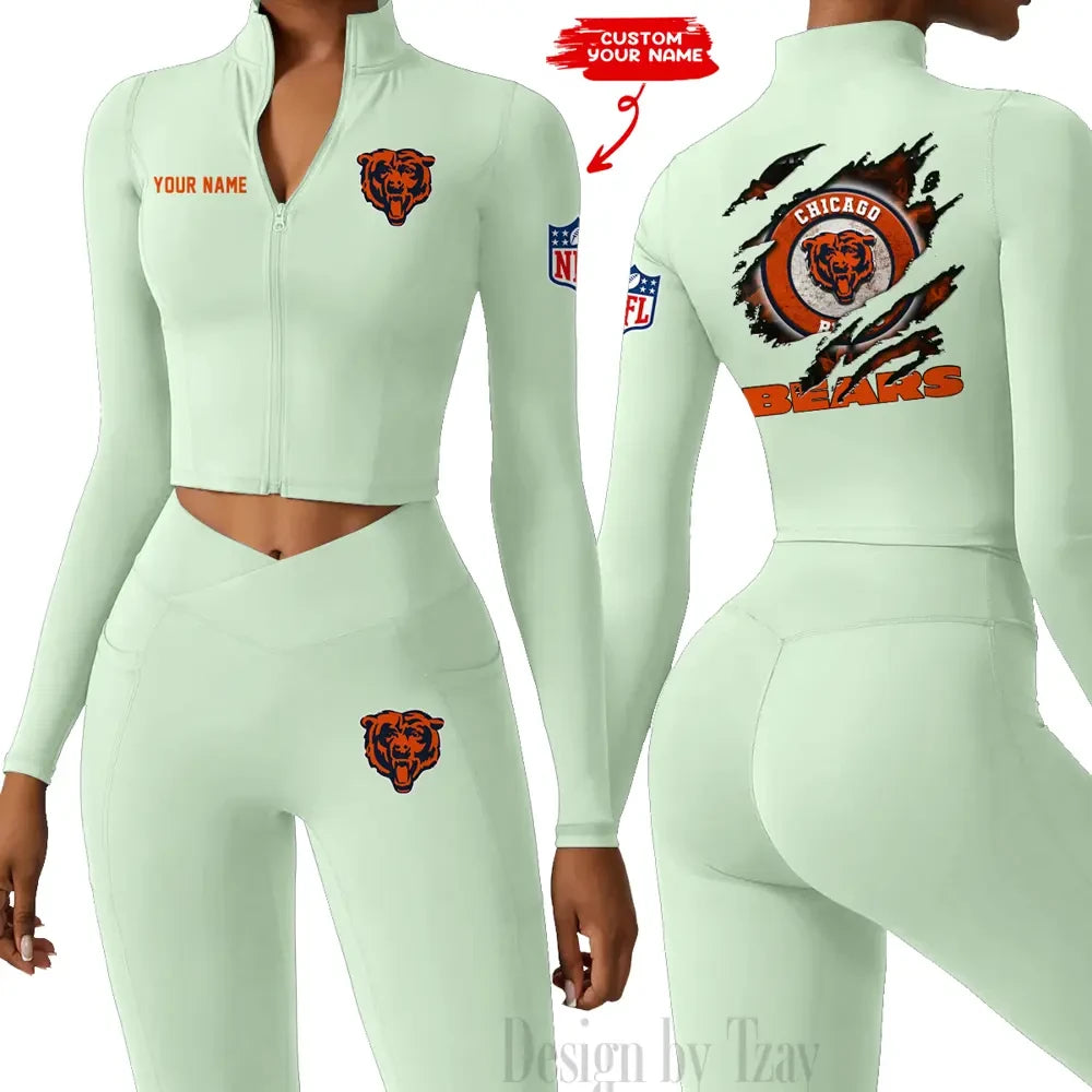 Chicago Bears Women Activewear Set 2 Piece Crop Jacket and High Waist Leggings SPTZSTW236